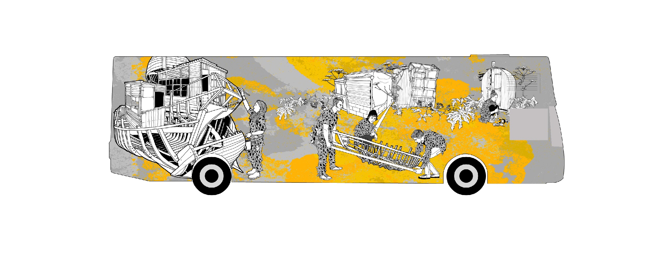 Drawing of Travelling Gallery vehicle with images of young people building a boat like structure on it.